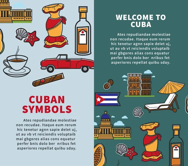 Cuba Carteles Viaje País Símbolos Famosos Lugares Interés Turístico Cartel — Vector de stock