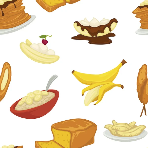 甜点类型 香蕉与果皮和面包面包店无缝矢量模式 — 图库矢量图片