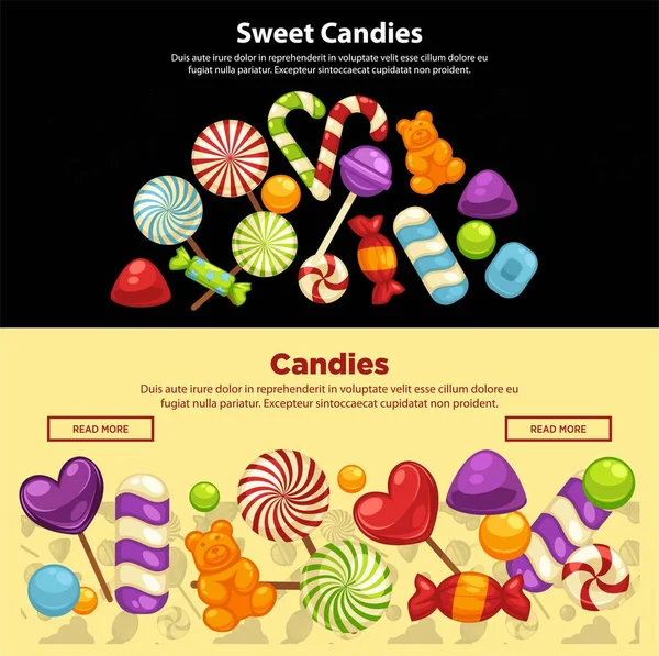 Deliciosos Dulces Caramelos Cubiertas Brillantes Plantillas Carteles Vectores Piruletas — Vector de stock