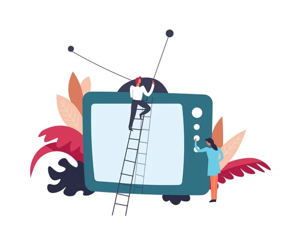 Televisie Persoon Ladder Tot Vaststelling Van Antenne Vector Poster — Stockvector