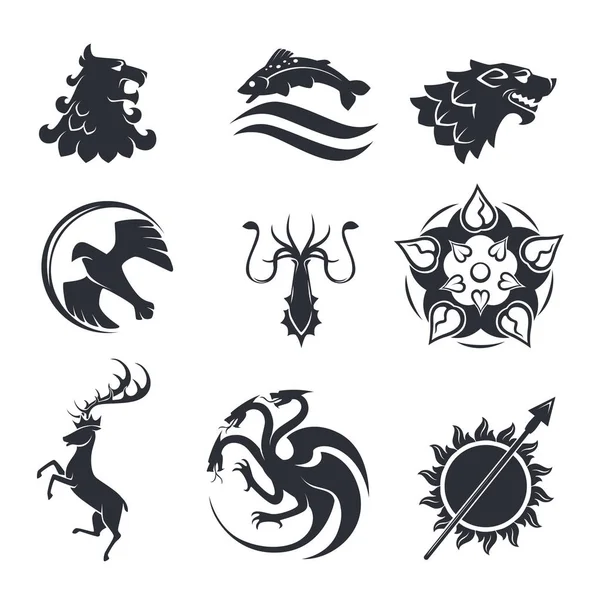 Simboli Araldici Potenza Loghi Icone Vettoriali Sfondo Bianco — Vettoriale Stock