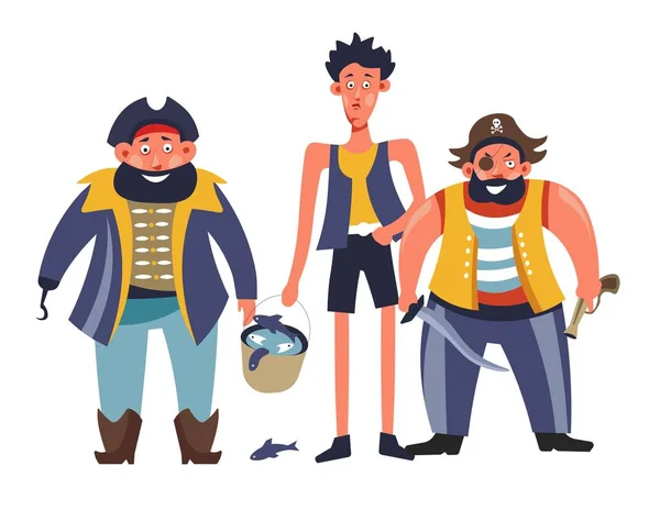 Piratas Personas Con Hombre Sosteniendo Cubo Con Pescado Vector Cartel — Archivo Imágenes Vectoriales