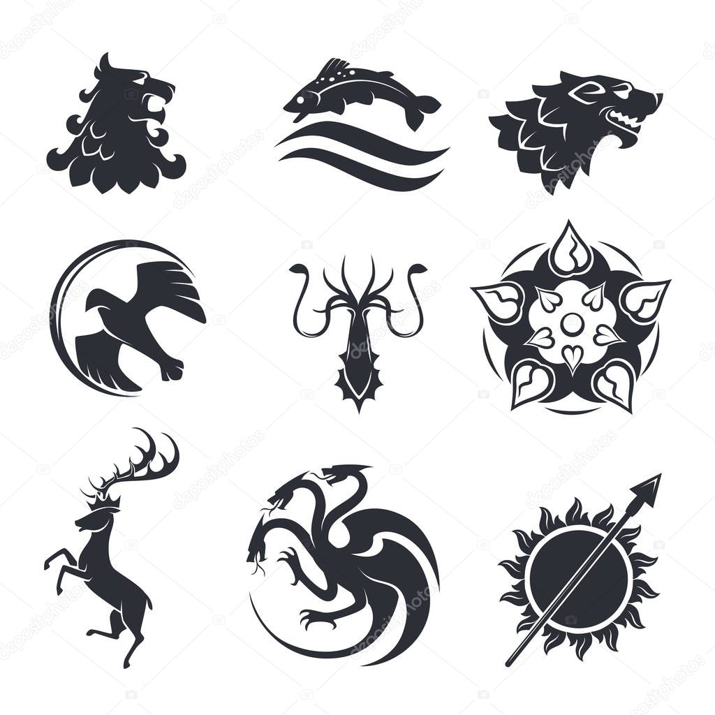 Heraldic symbols of power strength logo or tattoo vector icons on white background