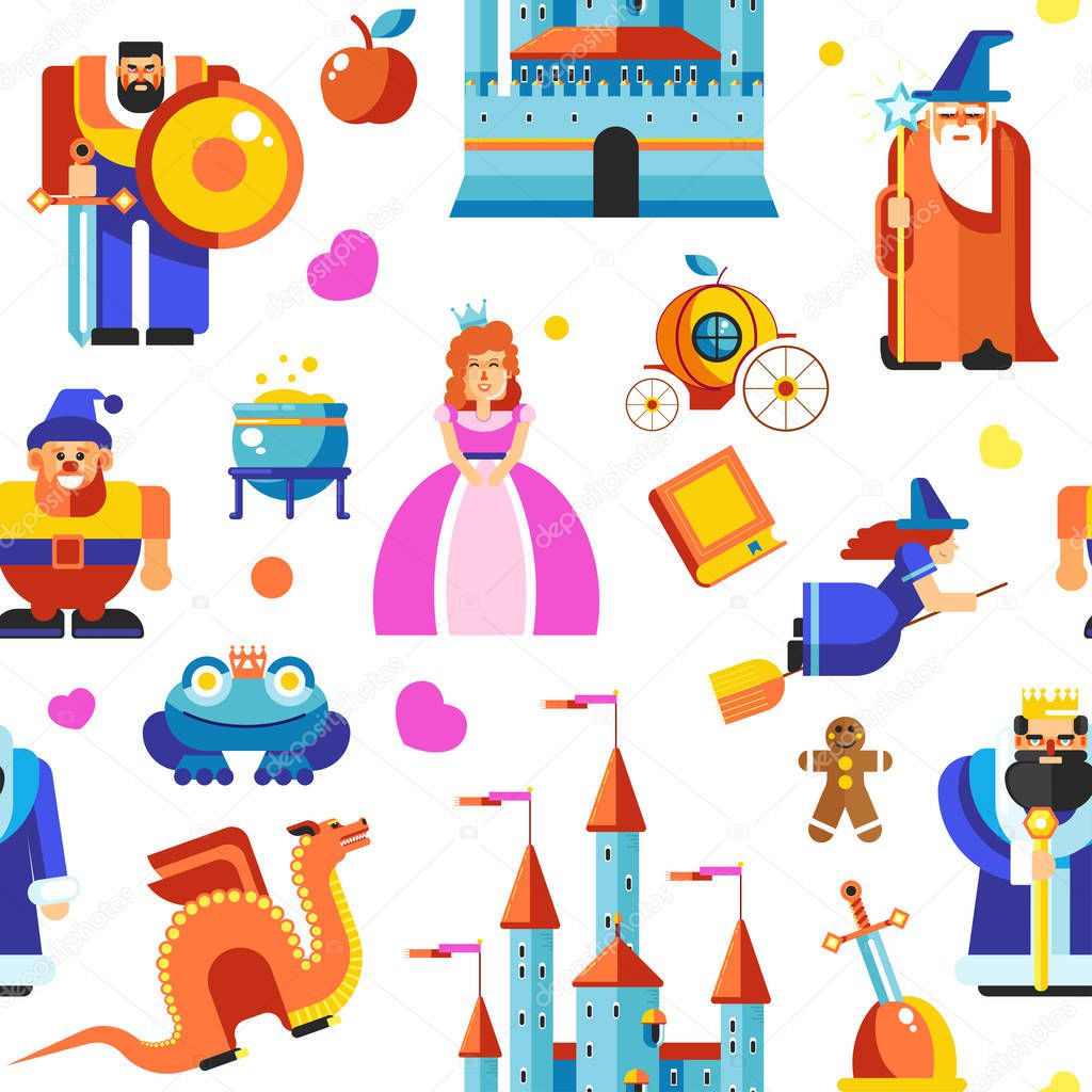 Disneyland princess and wizards, castle seamless vector pattern 