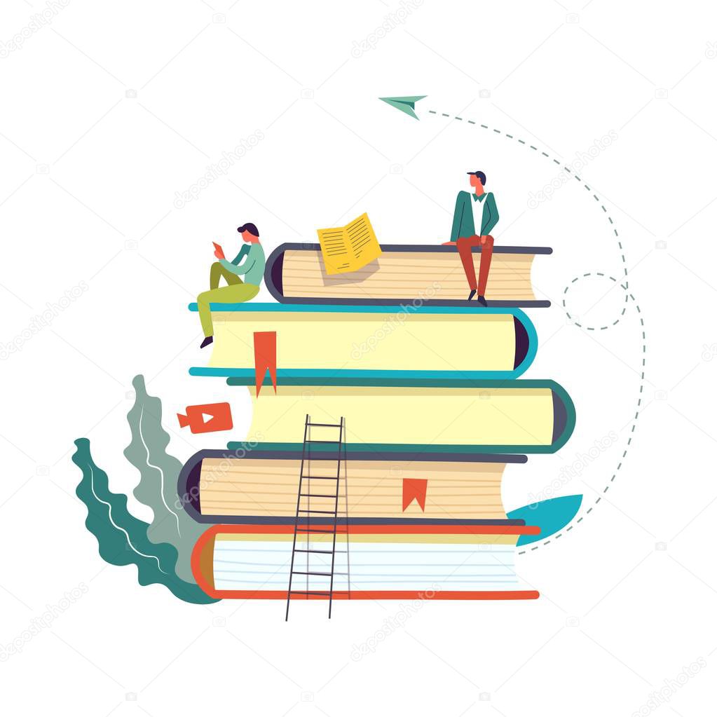 Books set with people reading and taking info, vector poster