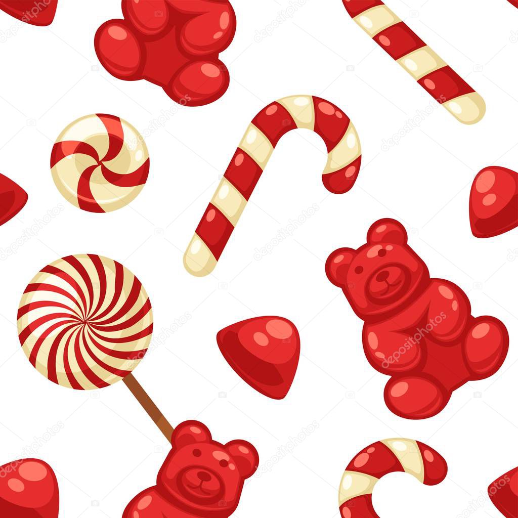 Delicious sweet candies in bright covers and lollipops vector seamless pattern