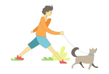 Köpek ile sahibi çocuğun evde beslenen hayvan açık vektör leash üzerinde. Gülümseme yüzünü ve yorgunluk yaka birlikte gezinme boynunda köpek olan bir erkek. Evcil hayvan memeli iyi bir ruh hali, safkan köpek kürk ile