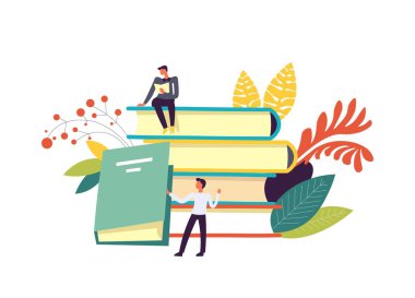 Kitap ve yayınlar, yaprak ve bitki örtüsü dekorasyon izole vektör okuyan kişiler. Ders kitabı bilgi tanımaya okuyucu erkek sayfaları ve eller, gazetelerde. Kişi holding ciltli