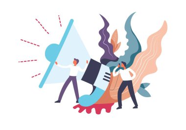 Haber ve bilgi izole vektör hoparlör yayın. İnsanları halka konuşurken herkes tarafından bilgi yayın duydum. Yeşillik ve dekorasyon olarak yaprak, resmi giyen erkek takım elbise