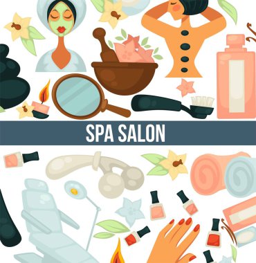 Metin ve rahatlatıcı kadın vektör Spa salonu poster. Kil maskesi yüz, sırt, sıcak taşlar ile kadın Bayan Masaj masör tarafından. Yağlar ve manikür ile tırnak parlatma jelleri, havlu ve sandalye