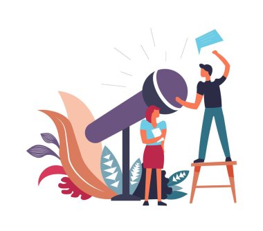 Mikrofon ve izole vektör konuşan kişinin düşüncelerini. Stand ve büyük mikrofon, fikirler, halk ile sohbet söz dışkı üzerinde duran erkek. Kadın gazeteci ile sorular liste elinde