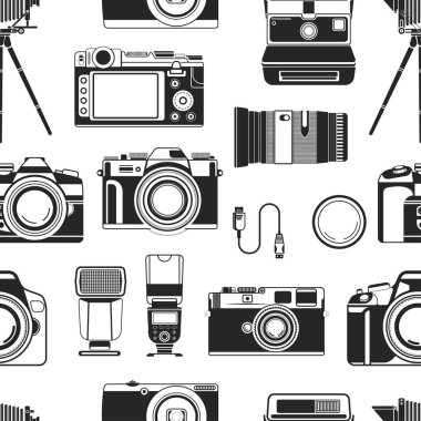 Kamera fotoğraf, fotoğrafçılar Dikişsiz desen vektör için taşınabilir eski stil aparatı donatım. Optik lens ve hedefleri iyi fotoğraf yapmak için tek renkli simgeler. Fotoğraf sanat ve