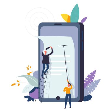İş toplantısı ve ekip çalışması erkekler izole vektör tarafından. Cep telefonu ekran monitör, erkek tarafından düzenleme içerik yapım sonrası insanlar. Bitki örtüsü ve yapraklar gibi dekoratif öğeler smartphone