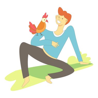 Omuz ve şarkı vektör üzerinde oturan sahibi ile evde beslenen hayvan. Kişi ara papağan tropikal hayvan bir şeyden söz görmek gülümsüyor. Yaz mevsiminde, kanatları, tüyleri ve Gaga sahip kuşla erkek dinlenme