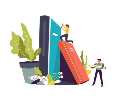 Kalem eller vektör ile kitap ve kişi okuyor. Geniş yaprakları ve yeşillik, flora büyüyen ile pot ile bitki. Erkek hardcover, öğrenci ve öğretmen yayının boyutu metre ile ölçme