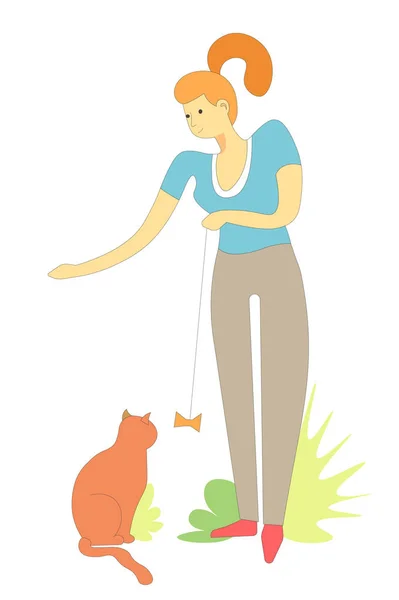 Animal Pussycat Playing Handmade Toy Owner Vector Woman Holding Lace — Stock Vector