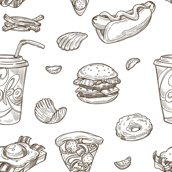 Hambúrgueres Fast Food Bebidas Refrigerantes Vetor Padrão Sem Costura Esboços —  Vetores de Stock