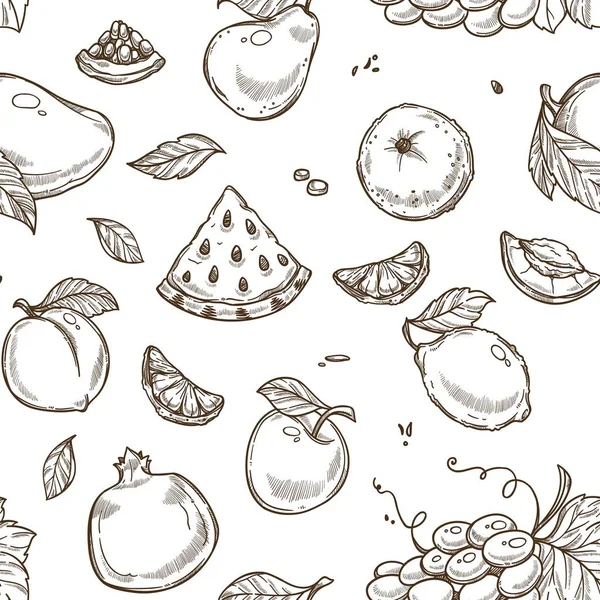 Fruits Pastèque Pomme Avec Contour Croquis Feuille Monochrome Vecteur Motif — Image vectorielle