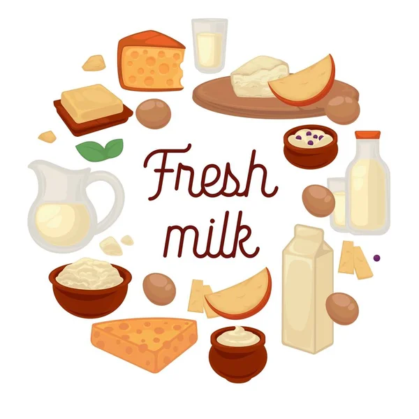 Fresh milk production made at home poster set vector. Food and beverages rich in vitamins and nutrients, cheese and mint, bottles and packages with drink full of calcium, bowls with dairy production