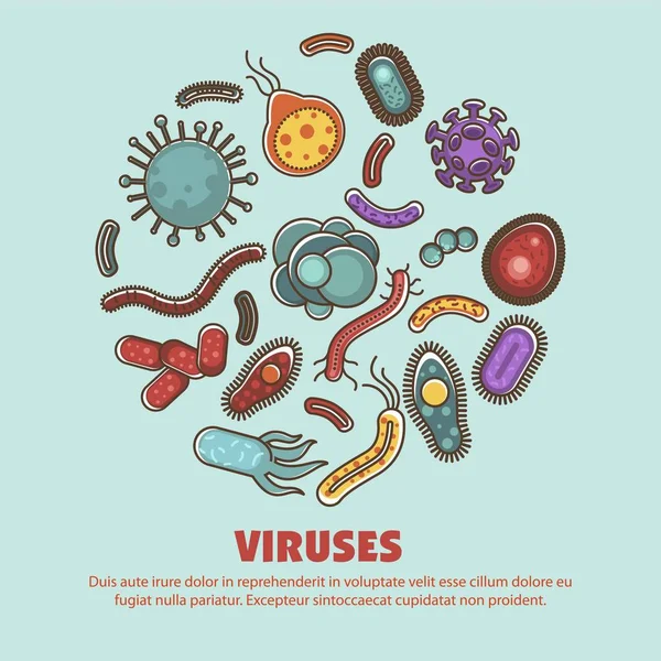 ウイルス細菌の小さな健康的で有害な生物ベクトル さまざまな形やフォーム 分子やマイクロ細菌細菌の顕微鏡生き物です 生物学的研究とプロバイオティクスの研究 — ストックベクタ