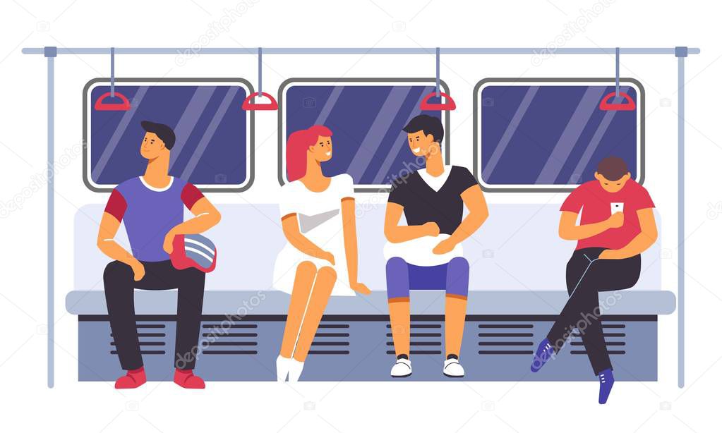 Passengers traveling by subway underground train and couple vector. People talking in public transport, man and woman sitting close to each other. Male looking at mobile phone screen ti kill time