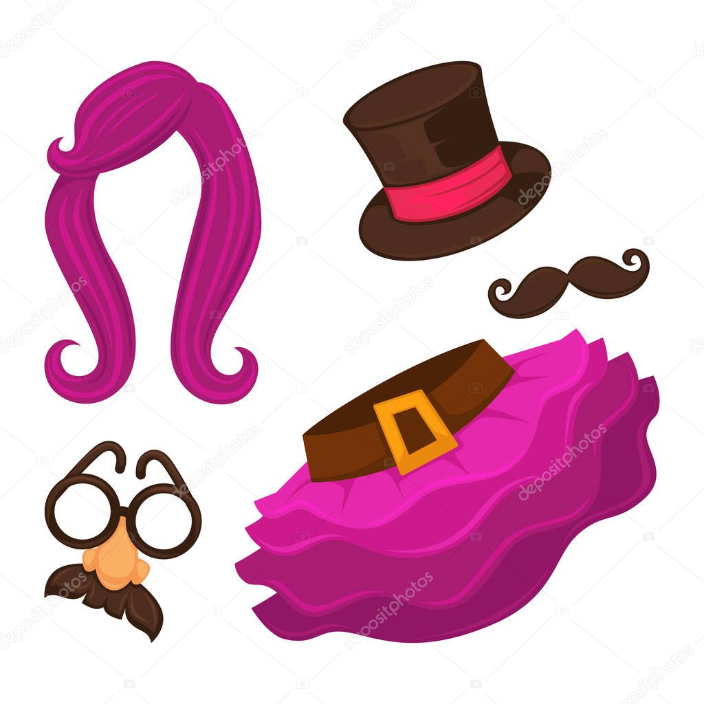 Clothes for changing appearance hat and skirt vector. Disguise element for transformation beyond all recognition, typical mask with glasses, big nose and moustaches. Wig of anime color, long hair