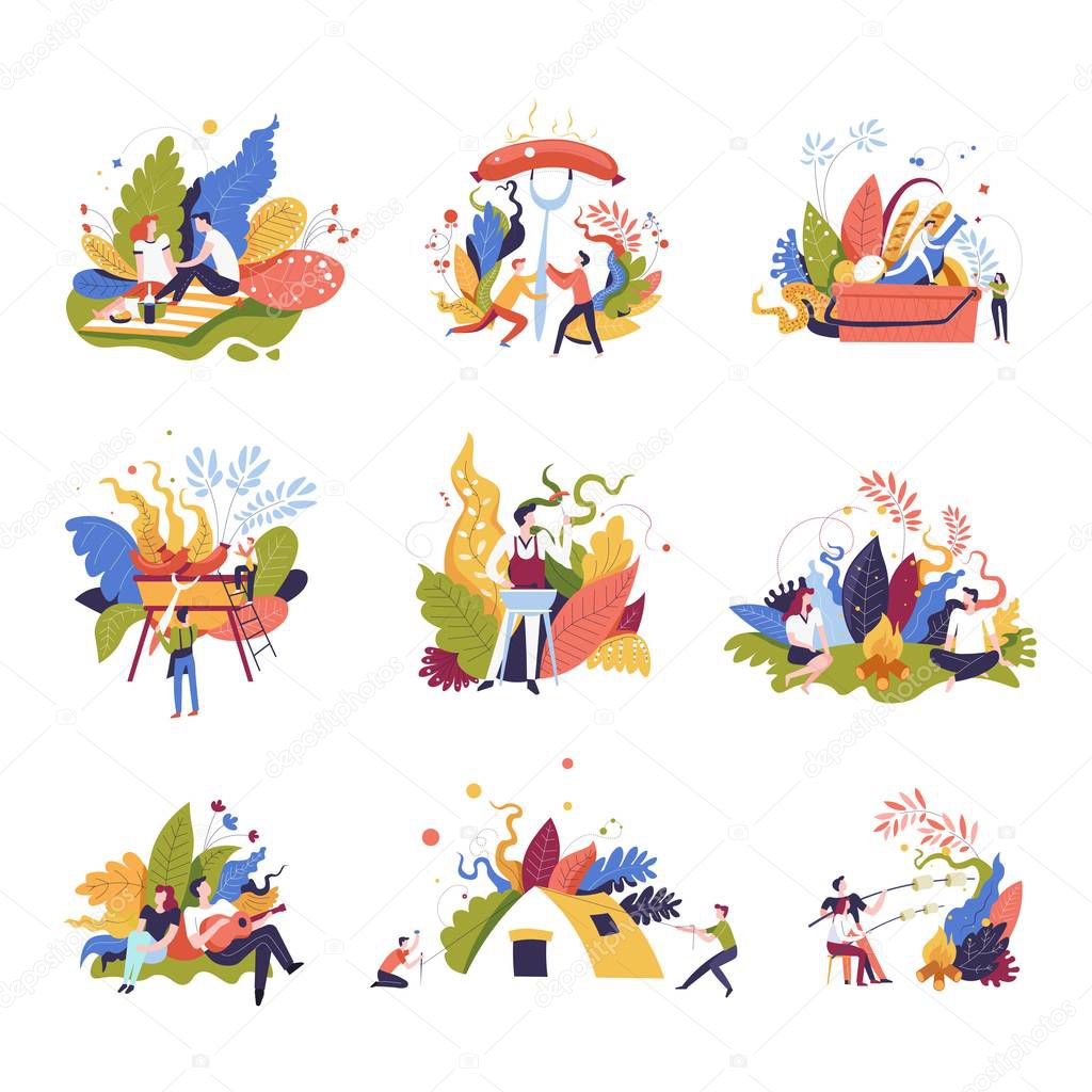 Picnic summer vacation of people roasting sausages vector. Basket with bread and vegetables, man playing guitar for woman, bonfire and warn evening. Roasted food, camping and tent fixation by male