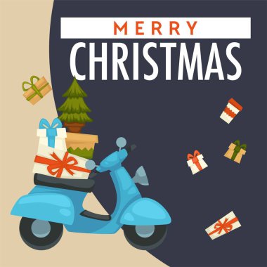 Neşeli Noel kış tatil hazırlık, küçük motosiklet ile hediyeler ve çam