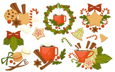 Noel tatil sembolleri, kurabiye ve sıcak içecekler 