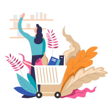 Kadın arabası ve ürünleri ile alışveriş, dekorasyon bırakır 