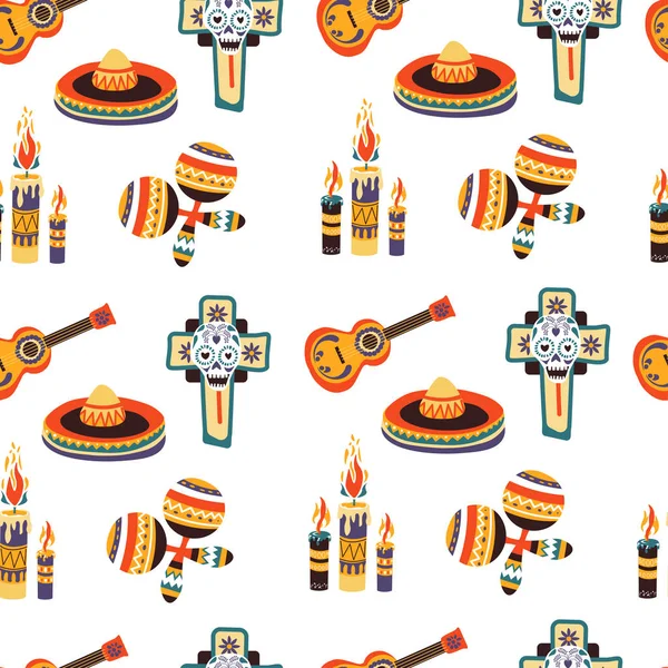 Símbolos Tradicionais Mexicanos Velas Com Chama Sombrero Maracas Instrumento Musical — Vetor de Stock
