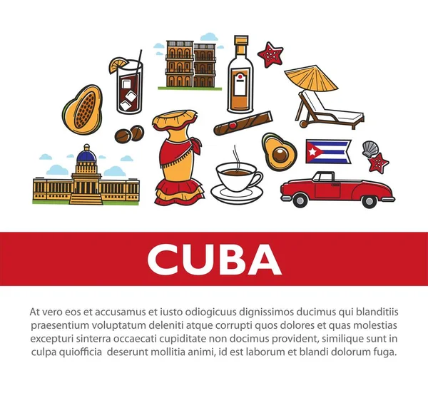 Cestování Plakát Informacemi Známé Symboly Kubánské Kultury Památek Havana Kuba — Stockový vektor