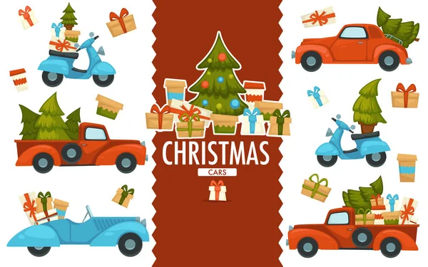 Autos Die Tannenbäume Und Geschenke Transportieren Frohe Weihnachtsgrüßkarte — Stockvektor