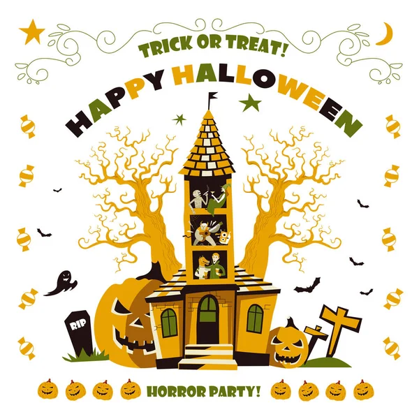 Happy Halloween Horror Party Haunted House Trees — Stock Vector