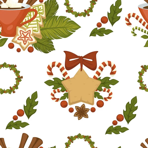 Merry Christmas Coffee Tea Warm Beverage Seamless Pattern — Stock Vector