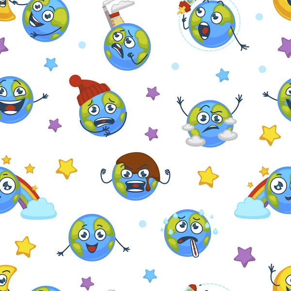 Jorden Planet Uttrycka Känslor Emojis Sömlösa Mönster — Stock vektor