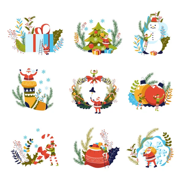 Frohe Weihnachten Geschenke Und Elfen Mit Weihnachtsmann — Stockvektor