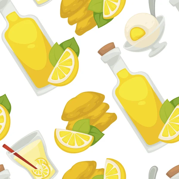 Citron Limonade Huile Bouteille Verre Motif Sans Couture — Image vectorielle