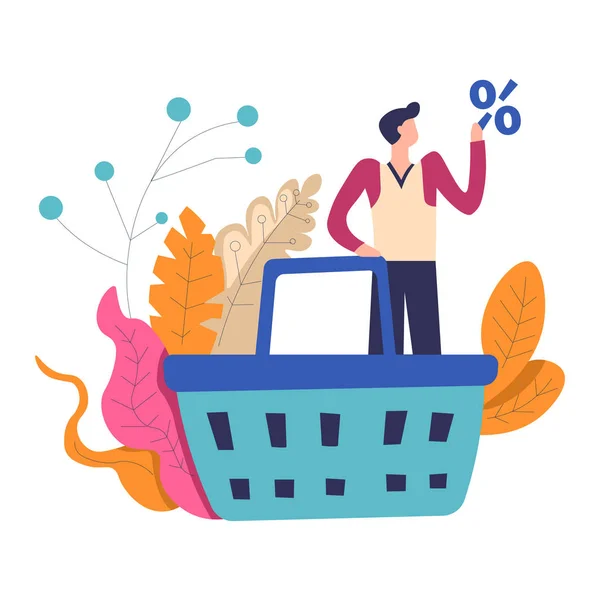 Shopping Man Big Basket Percent Sale — Stock Vector