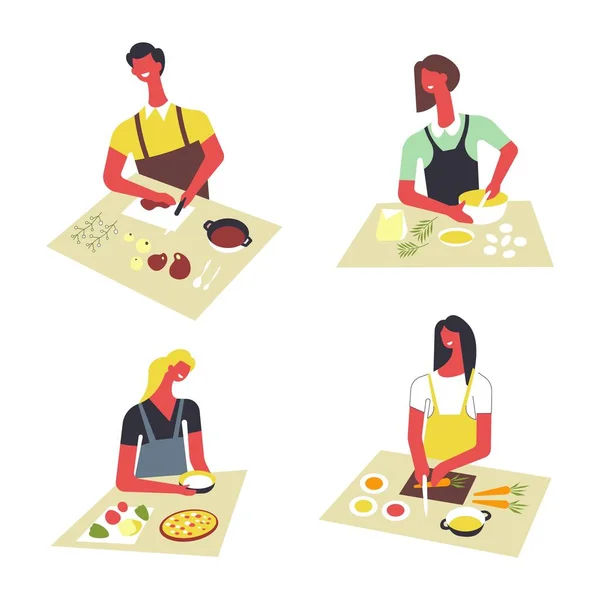 Personer Matlagning Köksbordet Och Spis — Stock vektor