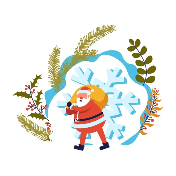 Joyeux Noël Vacances Hiver Père Noël Avec Sac Rempli Cadeaux — Image vectorielle