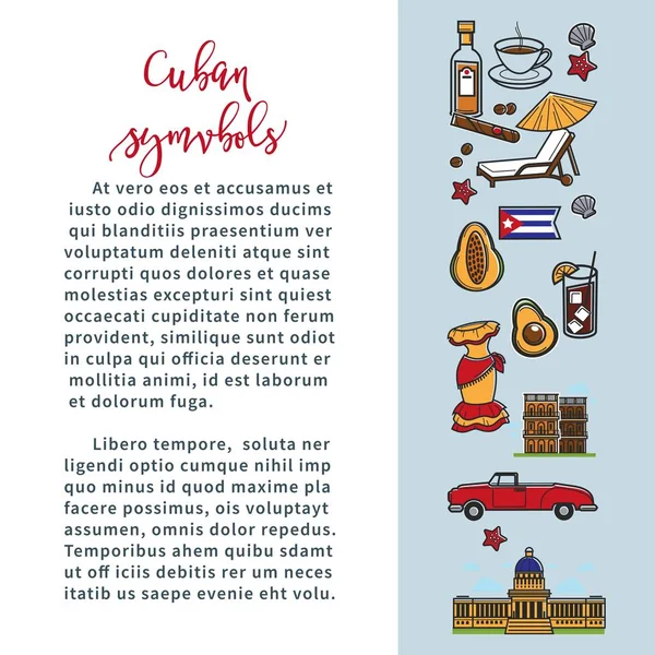Cartel Viaje Cuba Con Información Sobre Símbolos Famosos Cultura Cubana — Vector de stock