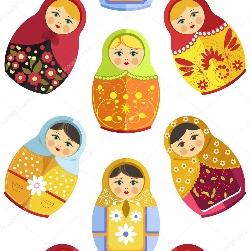 Russian nesting doll, traditional wooden souvenir from Russia seamless pattern