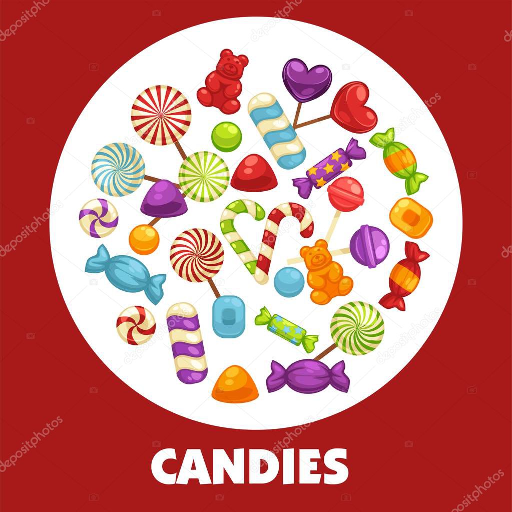 Candies and caramel sweets poster for confectionery or candy shop