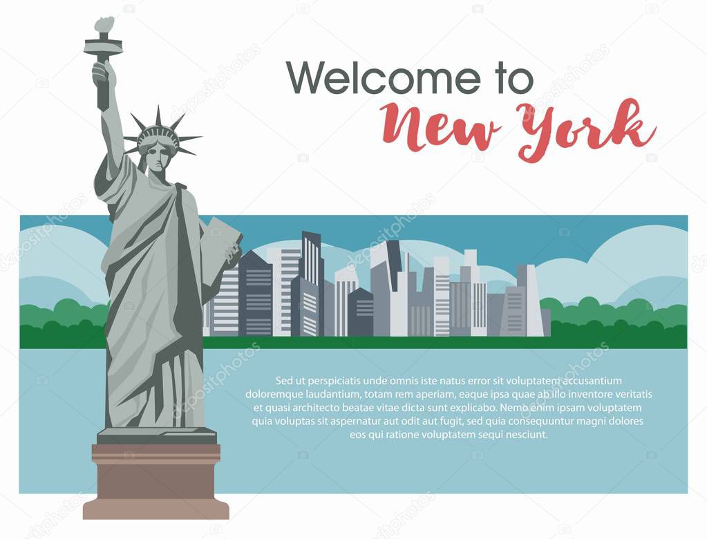 Welcome to New York poster for USA travel of America famous landmarks and tourist attractions, Liberty Statue and central park city skyline