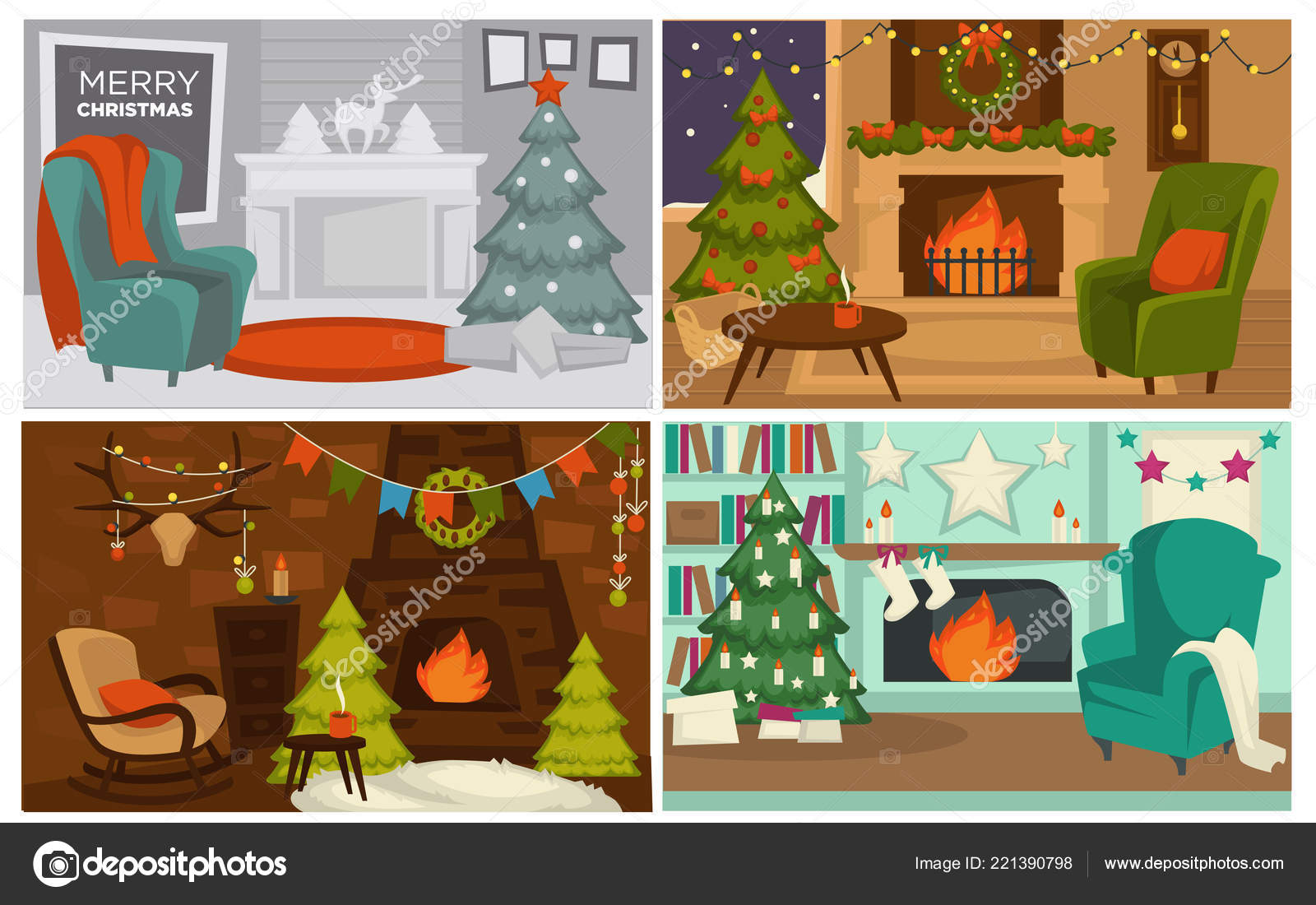 Christmas Holidays Decorated Interior Houses Rooms Vector Stock