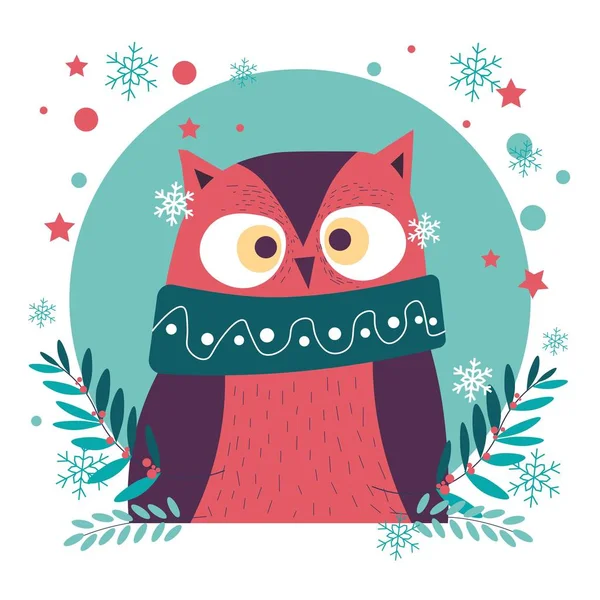 Χριστούγεννα Χαρακτήρα Νιφάδες Χιονιού Πέφτουν Στη Κουκουβάγια — Διανυσματικό Αρχείο