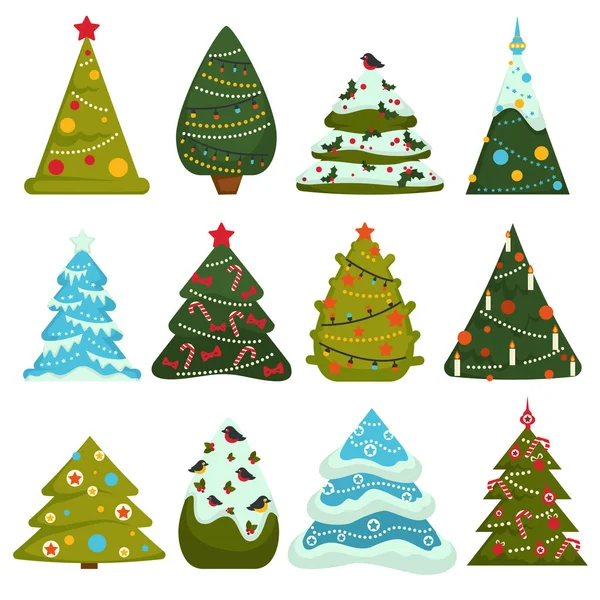 Weihnachtsbäume Immergrüne Kiefern Mit Girlanden Und Spielzeug Dekoriert — Stockvektor