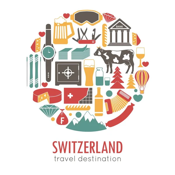 Svizzera Monumenti Turistici Famose Attrazioni Viaggio Poster — Vettoriale Stock