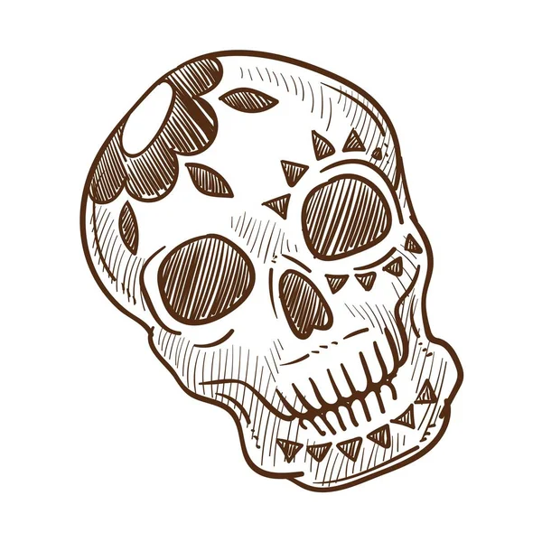 Crâne Avec Fleurs Croquis Monochrome Dans Style Mexicain — Image vectorielle